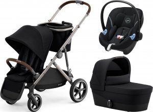 Cybex Gazelle S с корзиной, дождевиками коляски и автокреслом Aton M | 3-в-1 (Deep Black на шасси Taupe)