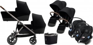 Cybex Коляска для двойни Gazelle S с корзиной, дождевиками коляски и автокреслами Aton M | 3-в-1 (Deep Black на шасси Taupe)