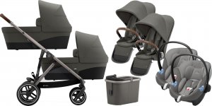 Cybex Коляска для двойни Gazelle S с корзиной, дождевиками коляски и автокреслами Aton M | 3-в-1 (Soho Grey на шасси Taupe)